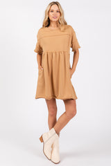 Camel Raw Hem Short Sleeve Dress