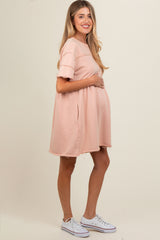 Mauve Raw Hem Maternity Short Sleeve Dress