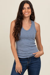 Blue V-Neck Ribbed Maternity Tank Top