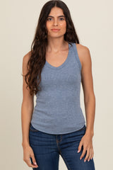 Blue V-Neck Ribbed Tank Top