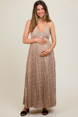 Mocha Floral Pleated Back Cutout Maternity Maxi Dress