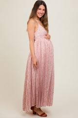 Light Pink Floral Pleated Back Cutout Maternity Maxi Dress