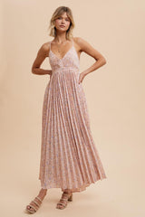 Light Pink Floral Pleated Back Cutout Maxi Dress