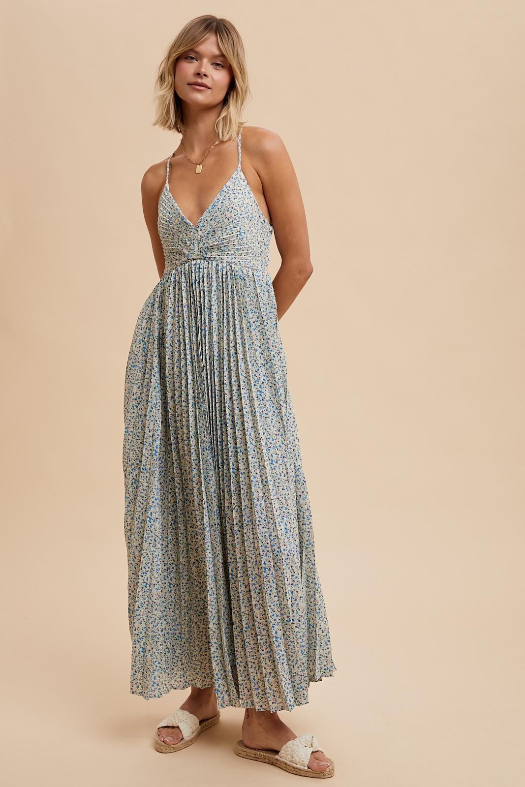 Blue Floral Pleated Cutout Back Maxi Dress