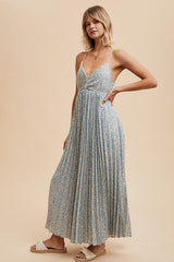 Blue Floral Pleated Cutout Back Maxi Dress
