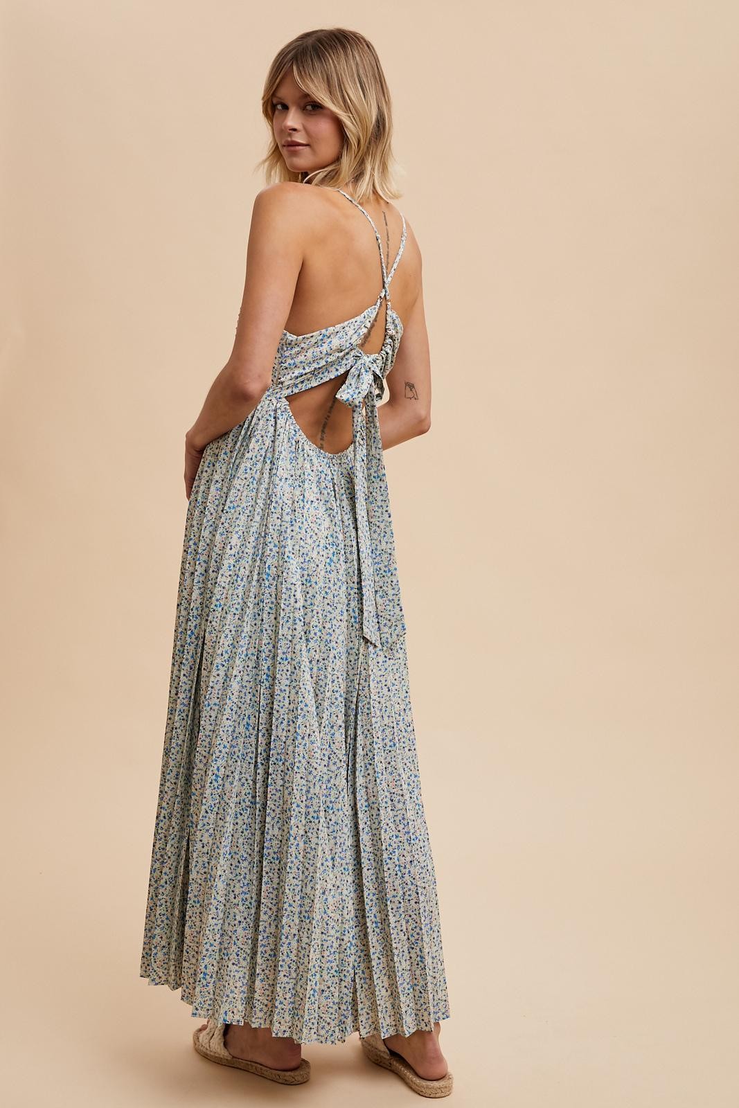 Blue Floral Pleated Cutout Back Maxi Dress