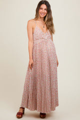 Coral Floral Pleated Cutout Back Maternity Maxi Dress