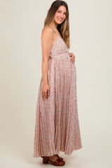 Coral Floral Pleated Cutout Back Maternity Maxi Dress