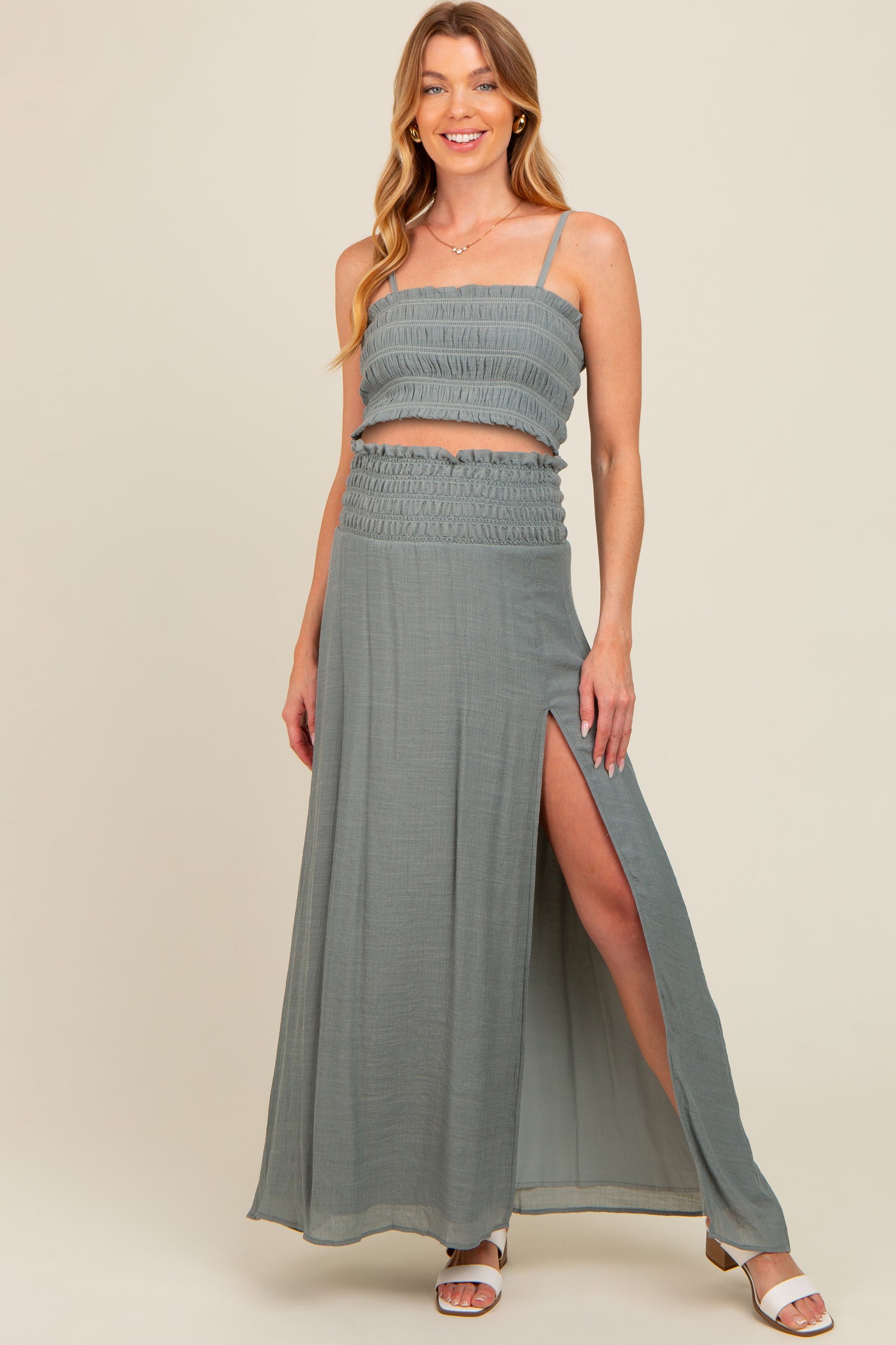 Grey Smocked Crop Top And Maxi Skirt Maternity Set