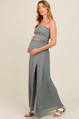Grey Smocked Crop Top And Maxi Skirt Maternity Set