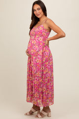 Pink Floral Pleated Maternity Maxi Dress