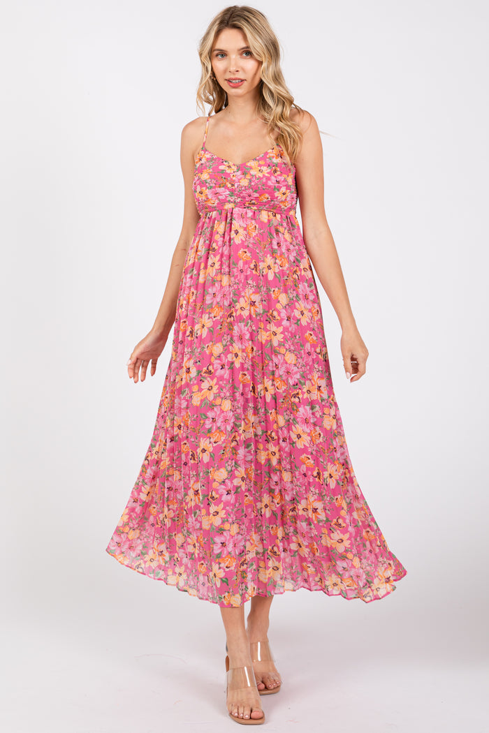 Pink Floral Pleated Maternity Maxi Dress
