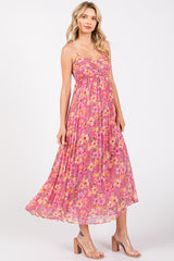 Pink Floral Pleated Maxi Dress