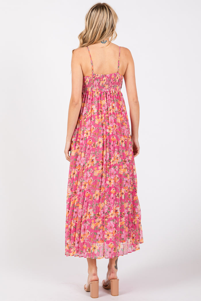 Pink Floral Pleated Maxi Dress