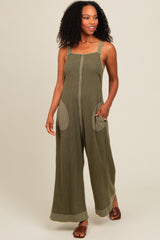 Light Olive Waffle Knit Wide Leg Maternity Jumpsuit