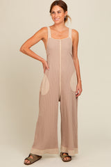 Beige Waffle Knit Wide Leg Jumpsuit