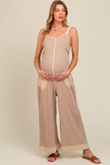 Beige Waffle Knit Wide Leg Maternity Jumpsuit