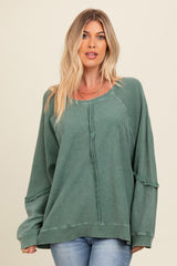 Forest Green Mixed Knit Raw Hem Pullover Top