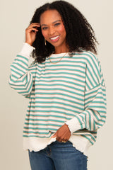 Light Olive Striped Ruffle Hem Long Sleeve Top