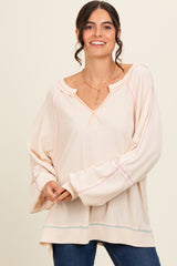 Cream Split Neck Oversized Long Sleeve Top