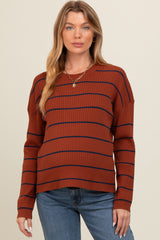 Rust Striped Ribbed Knit Long Sleeve Maternity Top