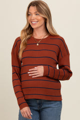 Rust Striped Ribbed Knit Long Sleeve Maternity Top