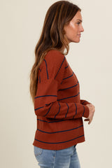 Rust Striped Ribbed Knit Long Sleeve Top