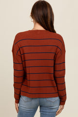 Rust Striped Ribbed Knit Long Sleeve Top