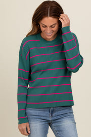 Teal Striped Ribbed Knit Long Sleeve Top