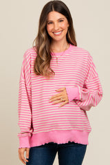 Pink Striped Ruffle Hem Maternity Long Sleeve Top