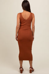 Rust V Neck Sleeveless Knit Maternity Midi Dress