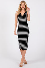 Black Striped Fitted Henley Knit Midi Dress