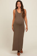 Brown Fringe Hem Maternity Midi Dress