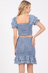 Blue Smocked Ruffled Detail Crop Top Skirt Set