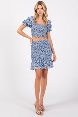 Blue Smocked Ruffled Detail Crop Top Skirt Maternity Set