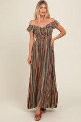 Multicolor Off Shoulder Cinched Maxi Dress