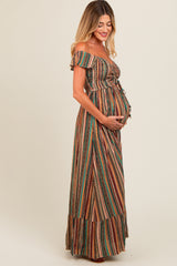 Multicolor Off Shoulder Cinched Maternity Maxi Dress