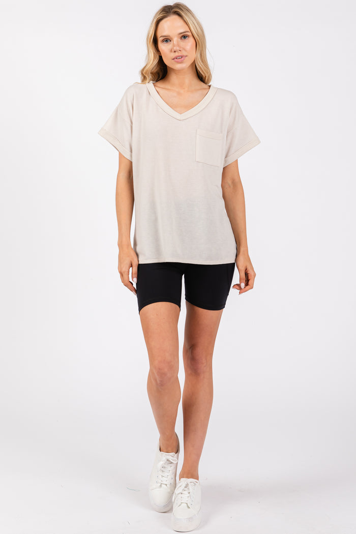 Cream Front Pocket Short Sleeve Top