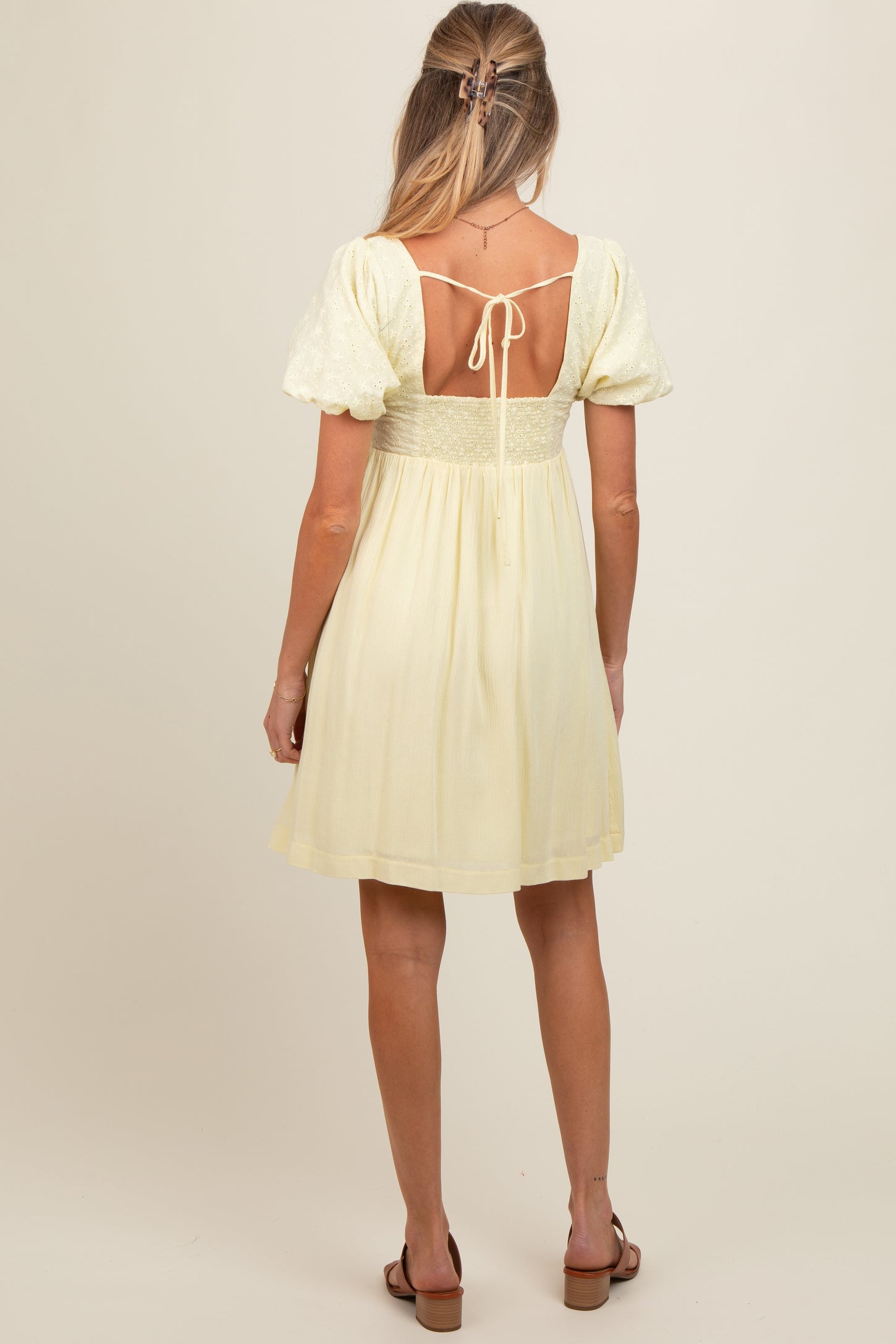 Yellow Eyelet Lace Contrast Maternity Babydoll Dress
