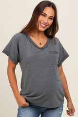 Charcoal Front Pocket Maternity Short Sleeve Top