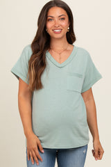 Light Olive Front Pocket Maternity Short Sleeve Top