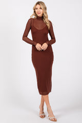 Brown Mesh Overlay Fitted Maternity Midi Dress