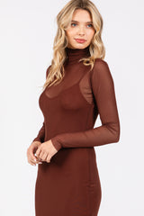 Brown Mesh Overlay Fitted Midi Dress