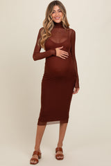 Brown Mesh Overlay Fitted Maternity Midi Dress