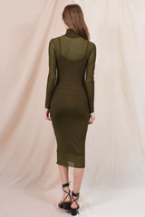 Olive Mesh Overlay Fitted Midi Dress