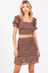 Brown Smocked Ruffled Detail Crop Top Skirt Maternity Set