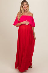 Red Pleated Off Shoulder Colorblock Maternity Maxi Dress