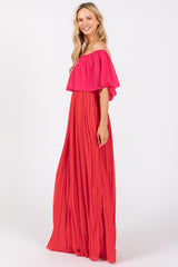 Red Pleated Off Shoulder Colorblock Maxi Dress