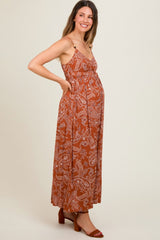 Rust Paisley Side Slit Maternity Maxi Dress