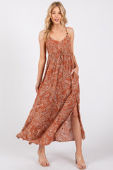 Rust Paisley Side Slit Maternity Maxi Dress